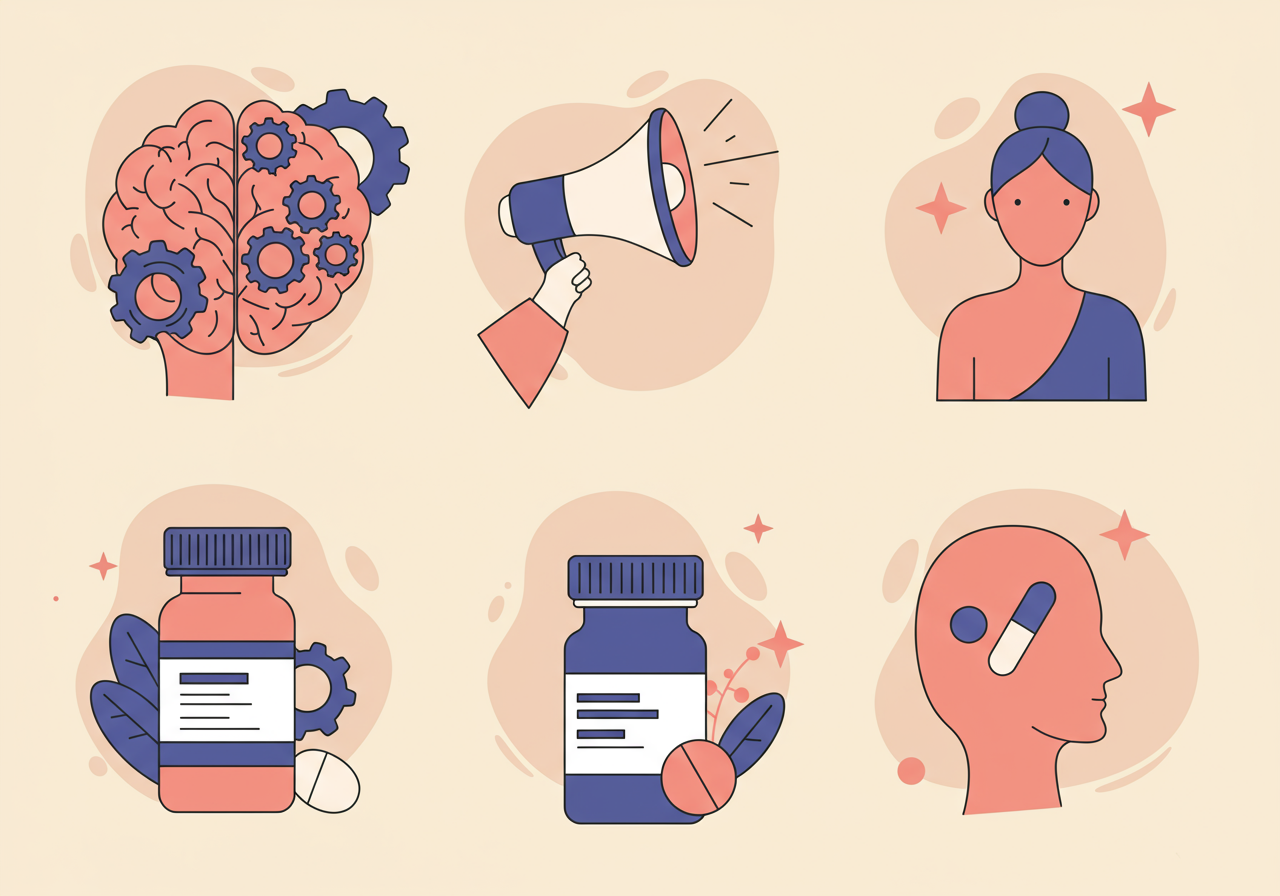 Icons representing ADHD support strategies and management.
