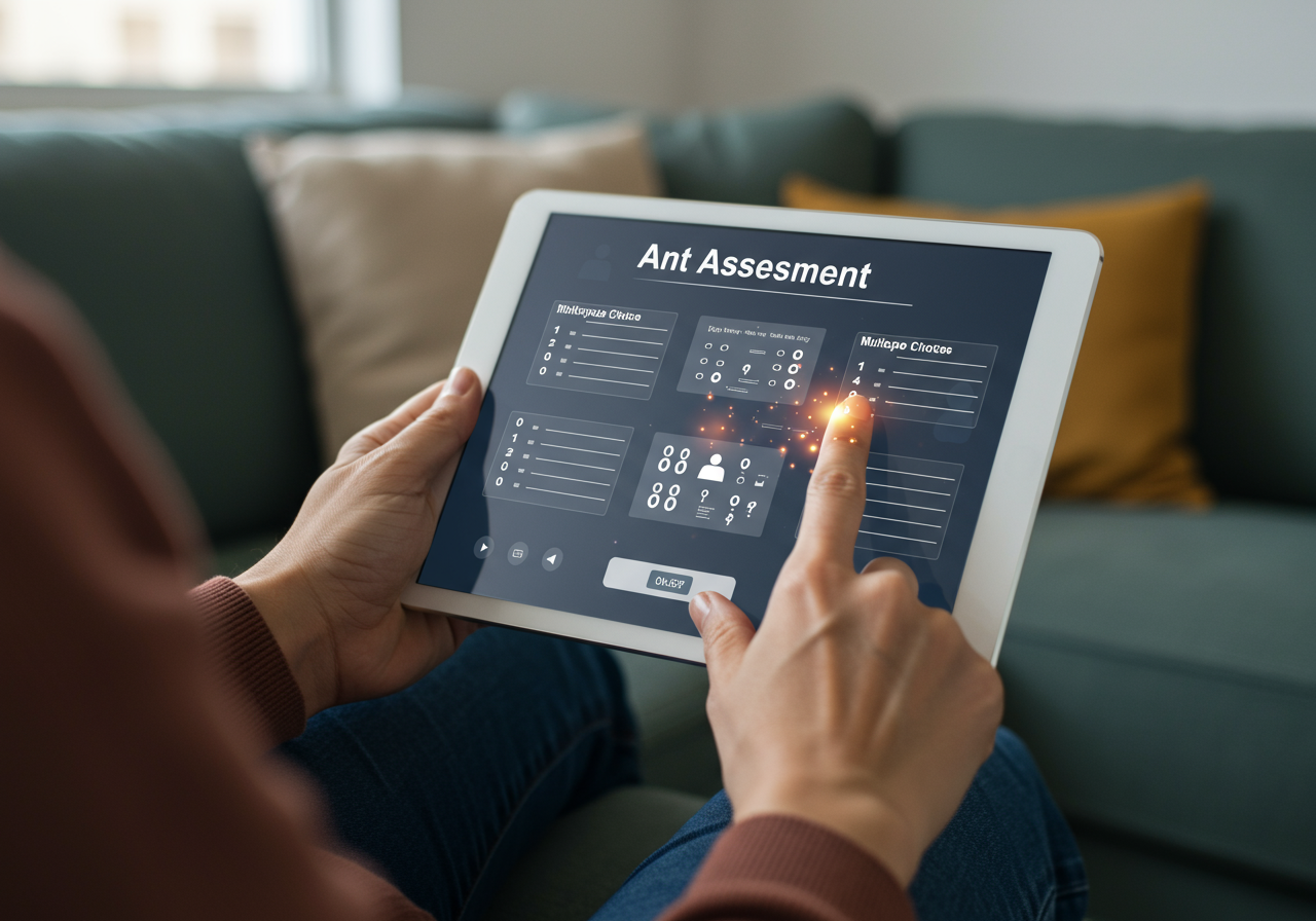 Person taking an online ADHD self-assessment on a tablet.