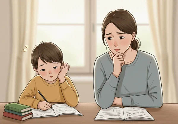 Parent observing child struggling with focus and organization