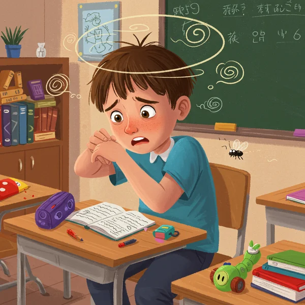 Child struggling with focus, fidgeting, surrounded by scattered items.