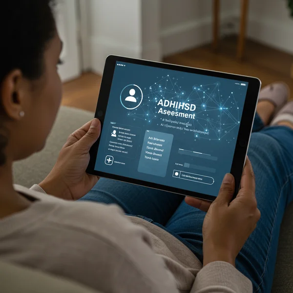 Parent using tablet for online ADHD screening, AI elements.