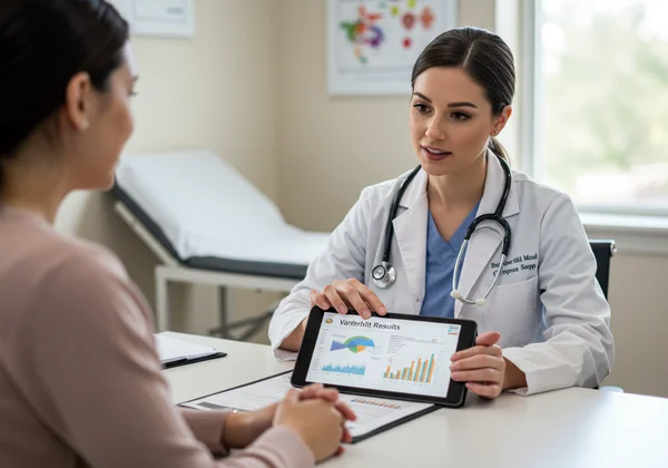 Parent and doctor discussing a child's assessment report.
