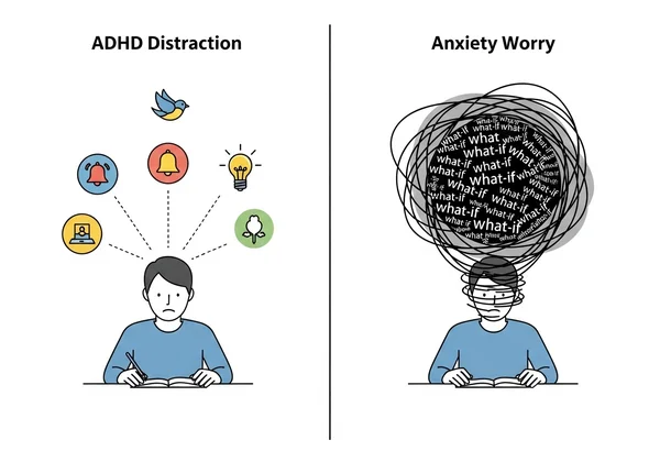 Illustration of ADHD distraction vs. anxiety worry.
